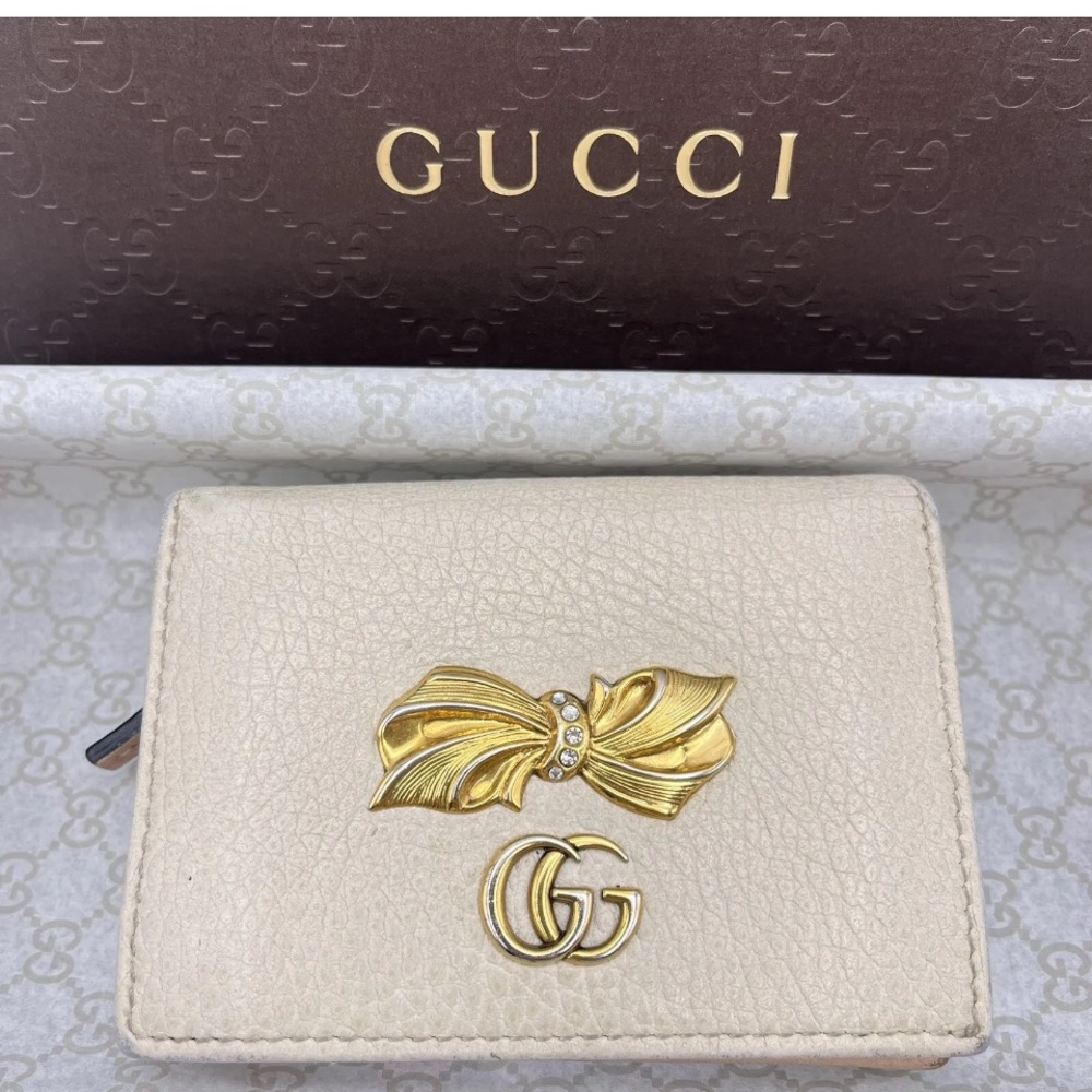 GUCCI Leather wallet Italy gg marmont ivory ribbon crystal